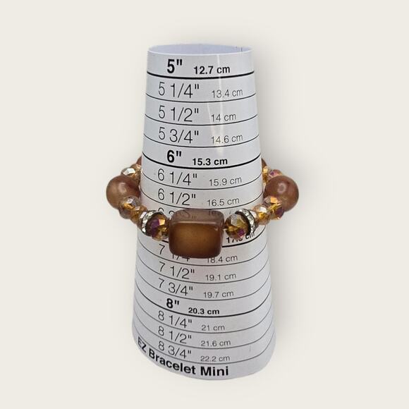 Amber Brown Beaded Stretch Bracelet with Rhinestone Spacers - Picture 6 of 7